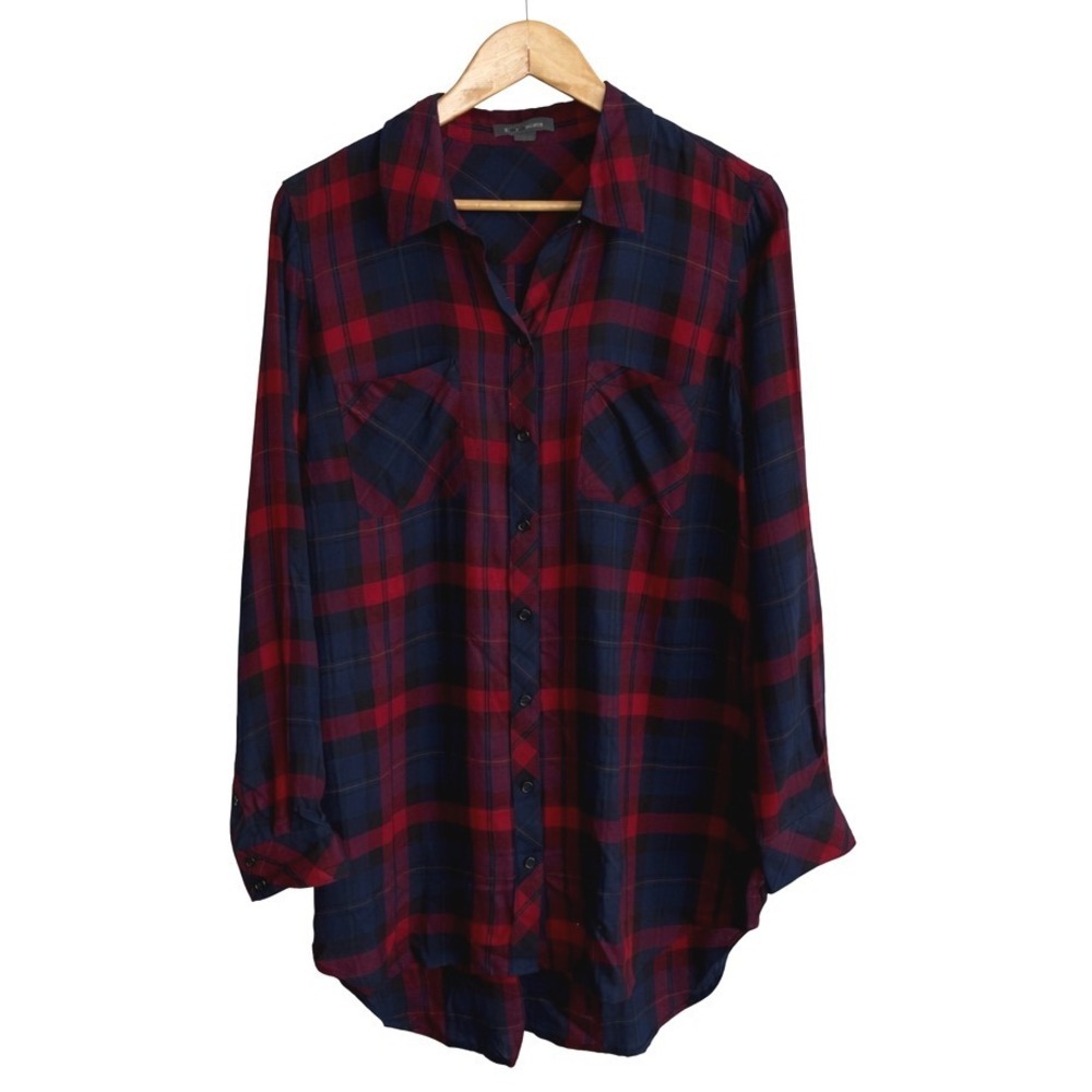 GO SILK Women's Burgundy Red Navy Plaid Long Sleeve Button Down Shirt Top Large